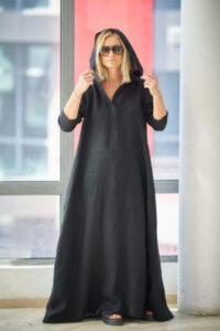 black linen dress with a hood